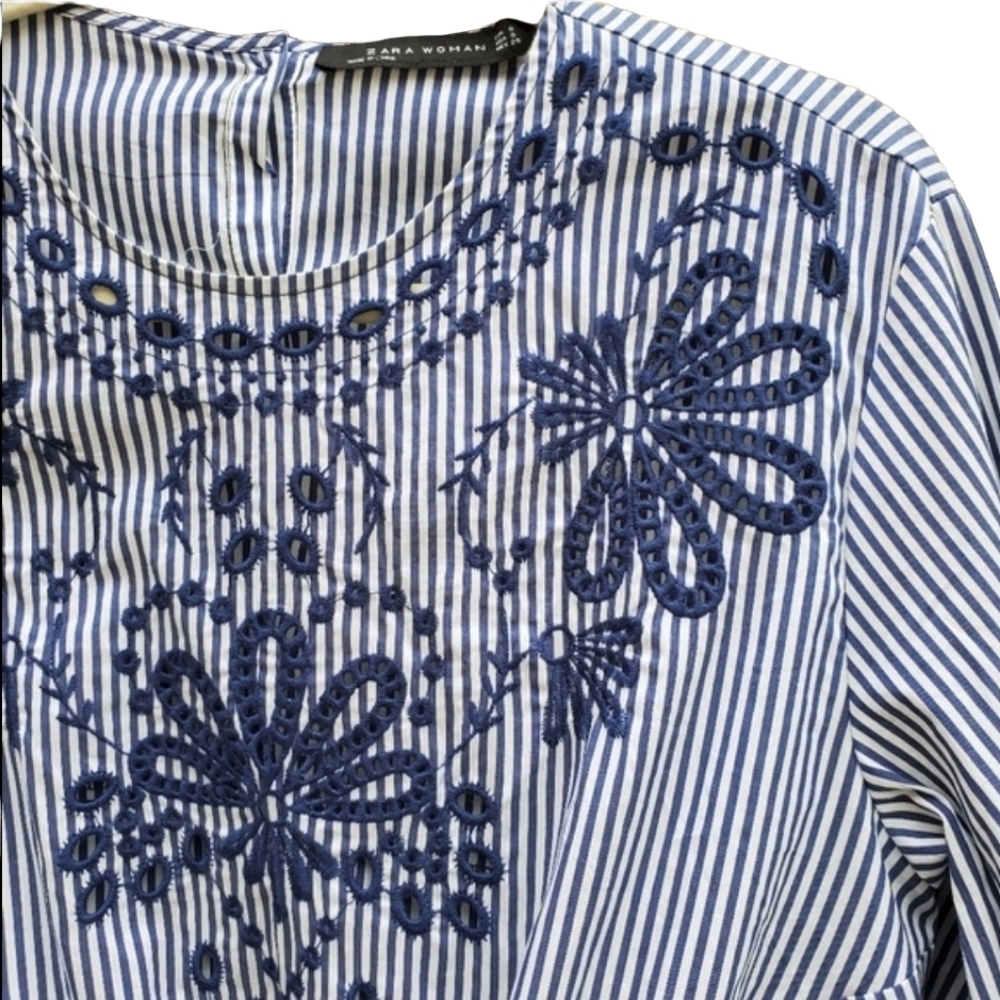 ZARA Striped Tie Front Blouse S Long Sleeve Shirt Floral Nautical Boho Top - Picture 5 of 8